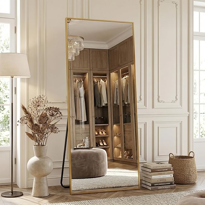 Antok 71''x32'' Full Length Mirror, Shatterproof HD Oversized Floor Mirror with Stand, Aluminum Alloy Frame Leaning Standing or Wall Mounted Mirror for Bedroom Living Room Entryway, Gold