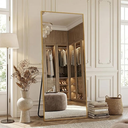 Antok 71''x32'' Full Length Mirror, Shatterproof HD Oversized Floor Mirror with Stand, Aluminum Alloy Frame Leaning Standing or Wall Mounted Mirror for Bedroom Living Room Entryway, Gold