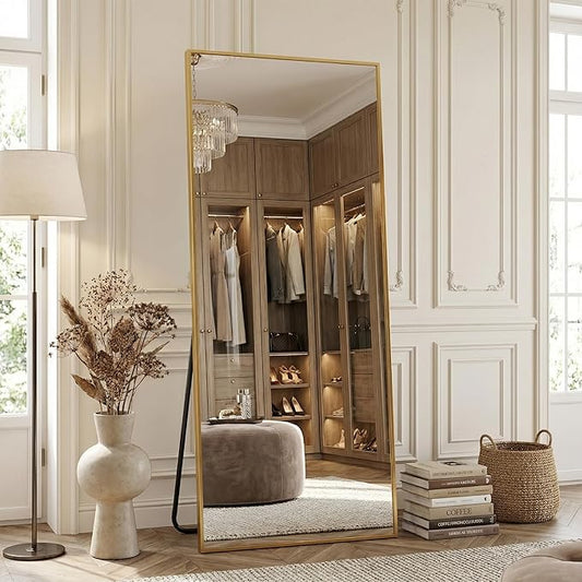 Antok 71''x32'' Full Length Mirror, Shatterproof HD Oversized Floor Mirror with Stand, Aluminum Alloy Frame Leaning Standing or Wall Mounted Mirror for Bedroom Living Room Entryway, Gold