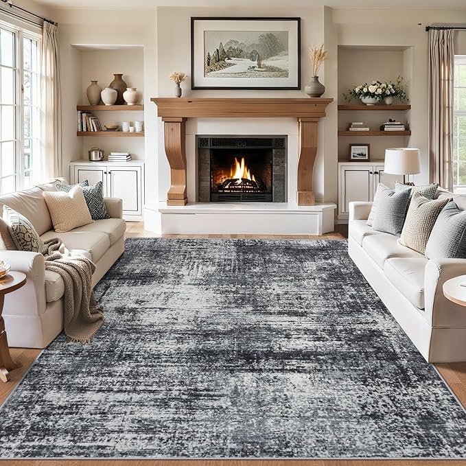 8x10 Area Rugs for Living Room - Washable Rug Modern Abstract Soft Large Neutral Non-Slip Carpet Indoor Floor Thin Carpets for Bedroom Dining Room Farmhouse Nursery Home Office Dark Black