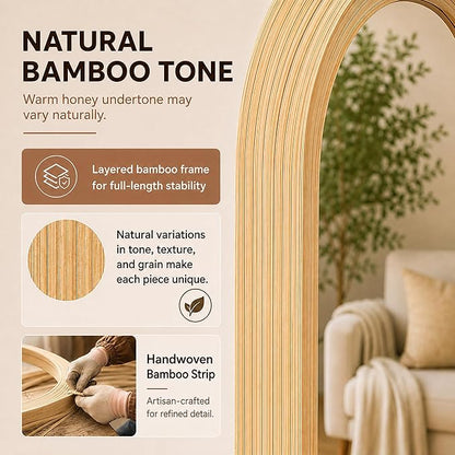 20" x 52" Oval Full Length Wall Mounted Mirror, Handwoven Natural Bamboo Frame (Warm Tone), Boho Coastal Mirror for Entryway, Bedroom, Dressing Room, Vertical & Horizontal Hanging