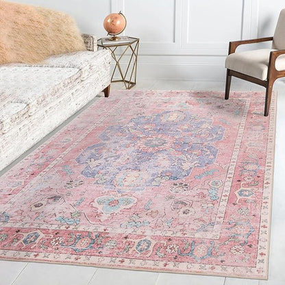 Sofrug Area Rug 5x7 - Vintage Honeycomb Non Slip Backing Carpet - Ocean Pink Mixed Softer Thicker Faux Wool Rug - Foldable & Machine Washable Rugs for Living Room Bedroom Dining Room Home Office