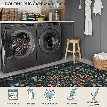 Lahome Black Floral Washable Area Rug 9x12, Extra Large Non Slip Stain Resistant Carpet for Living Room Dining Room, Low-Pile Soft Botanical Rug for Bedroom Office, Machine Washable Home Decor, Black