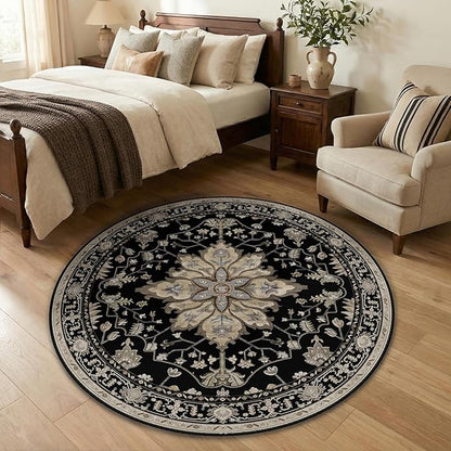 RELEANY Area Rugs Round 4ft Washable Non-Slip, Floral Vintage Distress Print Pattern Medallion Carpet for Living Room Bedroom Dining Room, Black Brown Neutral Dark Tan