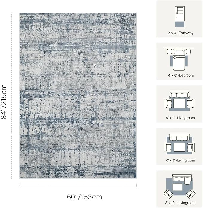 5x7 Area Rugs for Bedroom Living Room,Non-Slip Washable Rug, Modern Abstract Blue Grey Rugs for Dining Room, Foldable Thin Indoor Carpet Stain Resistant(Blue Grey)