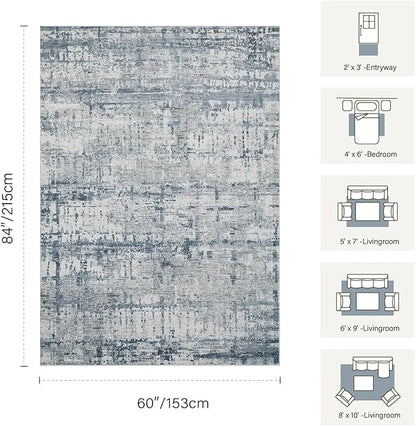 5x7 Area Rugs for Bedroom Living Room,Non-Slip Washable Rug, Modern Abstract Blue Grey Rugs for Dining Room, Foldable Thin Indoor Carpet Stain Resistant(Blue Grey)
