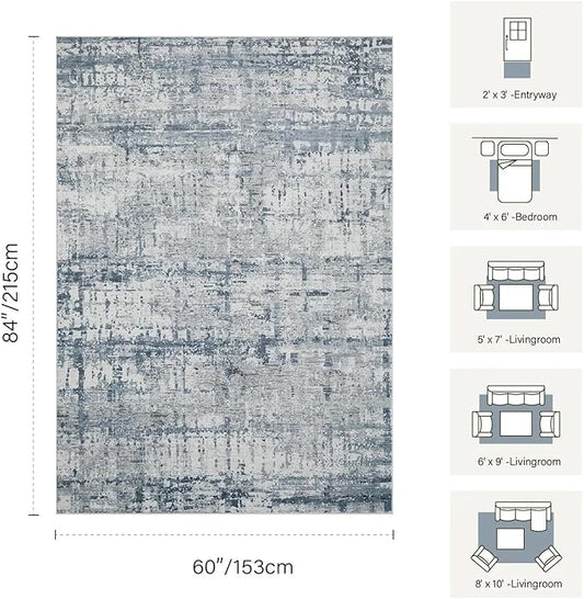 5x7 Area Rugs for Bedroom Living Room,Non-Slip Washable Rug, Modern Abstract Blue Grey Rugs for Dining Room, Foldable Thin Indoor Carpet Stain Resistant(Blue Grey)