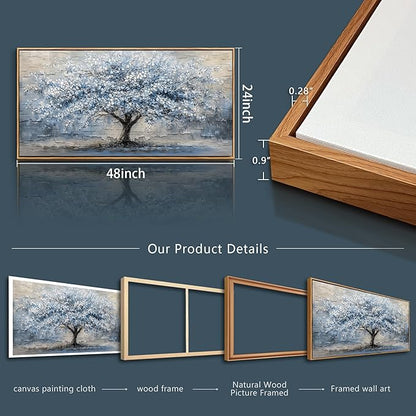ZUITINGHUA Large Canvas Wall Art For Living Room Wood Framed Wall Decor For Office Modern Bedroom Decorations Grayish Blue Painting Tree Abstract Pictures Home Decor Posters Ready To Hang 24x48 In