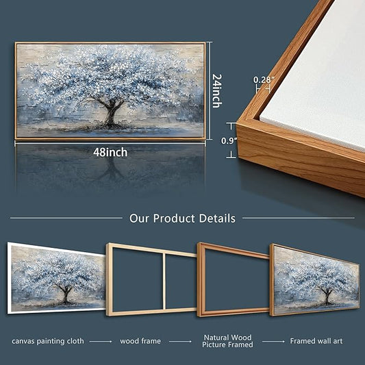 ZUITINGHUA Large Canvas Wall Art For Living Room Wood Framed Wall Decor For Office Modern Bedroom Decorations Grayish Blue Painting Tree Abstract Pictures Home Decor Posters Ready To Hang 24x48 In