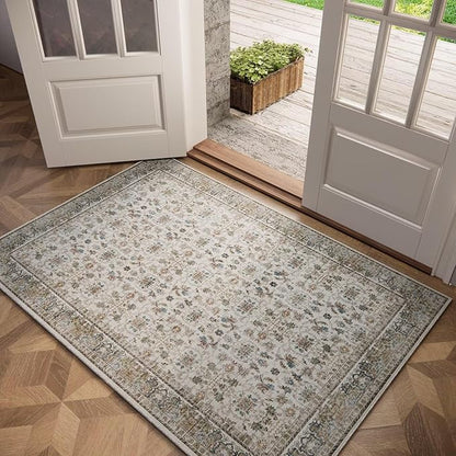 Washable 3x5 Entryway Rug, BoHo Non-slip Vintage Distress Small Rugs for Kitchen Nursery Office Bedroom, 0.3" Neutral Oriental Throw Thin Carpet with Cushioning Pad, Cream/blue/Orange/Multi,A2