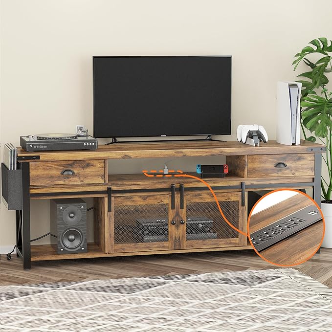 TV Stand for TV up to 75 Inches,Farmhouse Entertainment Center with 2 Drawers & Storage Cabinets, Industrial Media Console Table with Small Speaker Stand for Living Room, Bedroom, Rustic Brown