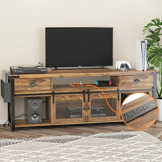 TV Stand for TV up to 75 Inches,Farmhouse Entertainment Center with 2 Drawers & Storage Cabinets, Industrial Media Console Table with Small Speaker Stand for Living Room, Bedroom, Rustic Brown