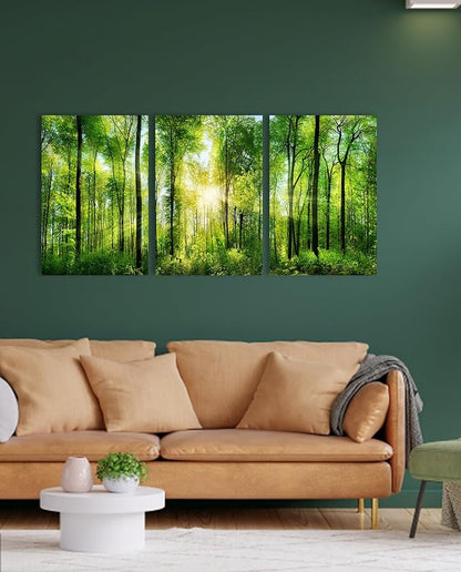 Green Forest Canvas Wall Art: Large Nature Wall Art Tree Pictures Sunrise Landsapce Art Framed Scenery Wall Mural Painting Wall Decor for Bedroom Living Room Office(3 Panel,16 x 24 Inch)