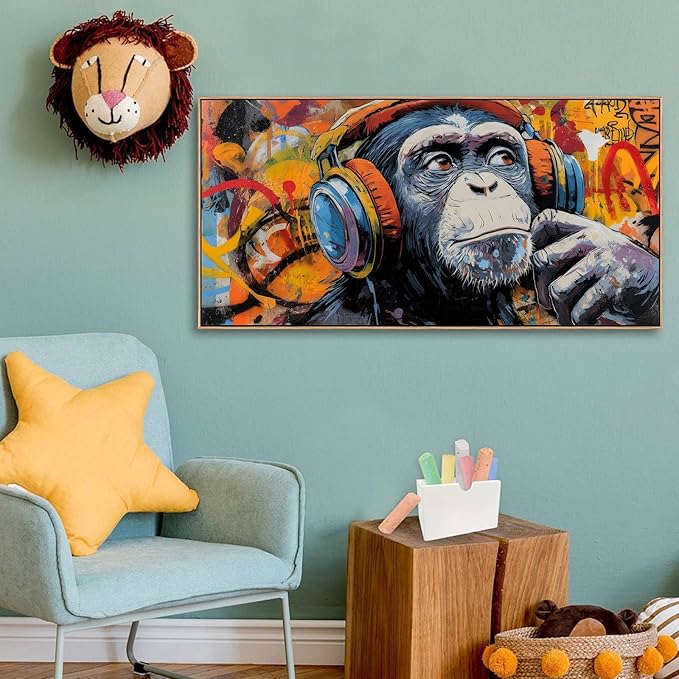 Sorbrozo Funky DJ Gorilla Street Art Print - Vibrant Graffiti Canvas Wall Art with Headphones Music Themed Decor for Boys Bedroom, Man Cave Urban Home & Office 30x58 in