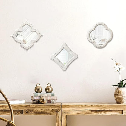 Hanging Antique Small Wall Mirrors Decorative 9.6 inch, Distressed White Sculpted Wood Mirror Farmhouse Home Decor, Shabby Chic Lucky Four-Leaf Clover Mirror Wall Decor for Living Room