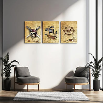 Pirate ship and rudders Canvas Wall Art for Living Room Bedroom Decoration wall painting,Bathroom Wall Decor Home Decoration kitchen posters artwork，Adventure map decoration 16x12 inch/ 3 piece set