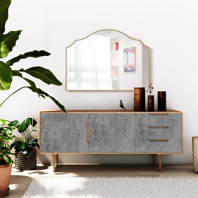 Besdomus Gold Scalloped Mirror for Dresser: 35"x26" Modern Wooden Mantel Mirror - Minimalist Decorative Wall for Vanity/Bedroom/Fireplace/Entryway - Ideal for 20-44 Age Fashion Women