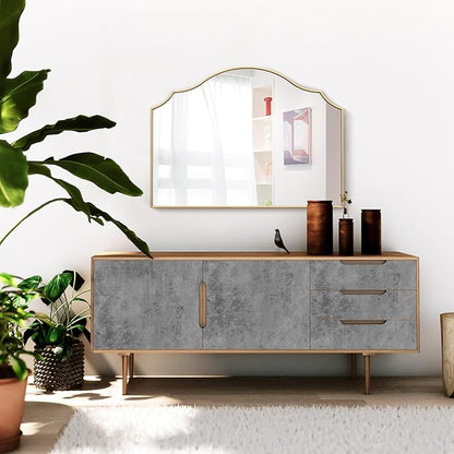 Besdomus Gold Scalloped Mirror for Dresser: 35"x26" Modern Wooden Mantel Mirror - Minimalist Decorative Wall for Vanity/Bedroom/Fireplace/Entryway - Ideal for 20-44 Age Fashion Women