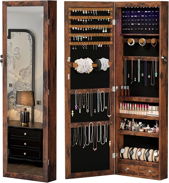 DUMOS Jewelry Armoire Cabinet with Full Length Mirror, 47.2" Wall Mounted or Over the Door Jewelry Organizer with 33 Necklace Hooks, Lockable Large Capacity Jewelry Armoire with Drawers, Rustic Brown