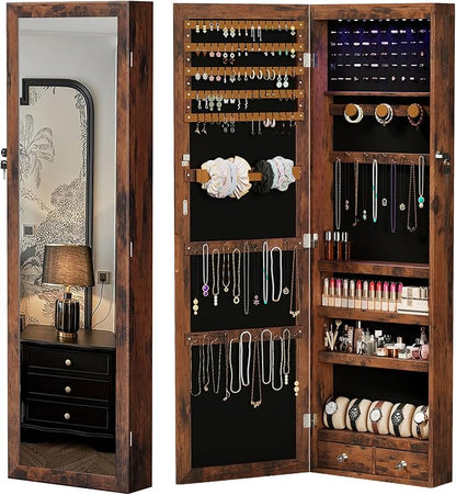 DUMOS Jewelry Armoire Cabinet with Full Length Mirror, 47.2" Wall Mounted or Over the Door Jewelry Organizer with 33 Necklace Hooks, Lockable Large Capacity Jewelry Armoire with Drawers, Rustic Brown