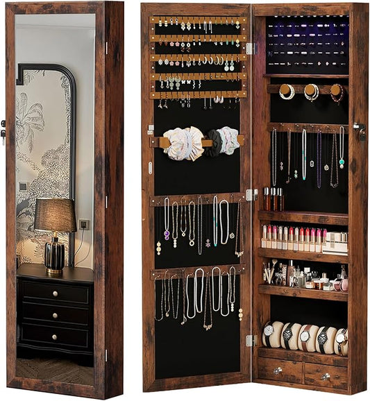 DUMOS Jewelry Armoire Cabinet with Full Length Mirror, 47.2" Wall Mounted or Over the Door Jewelry Organizer with 33 Necklace Hooks, Lockable Large Capacity Jewelry Armoire with Drawers, Rustic Brown