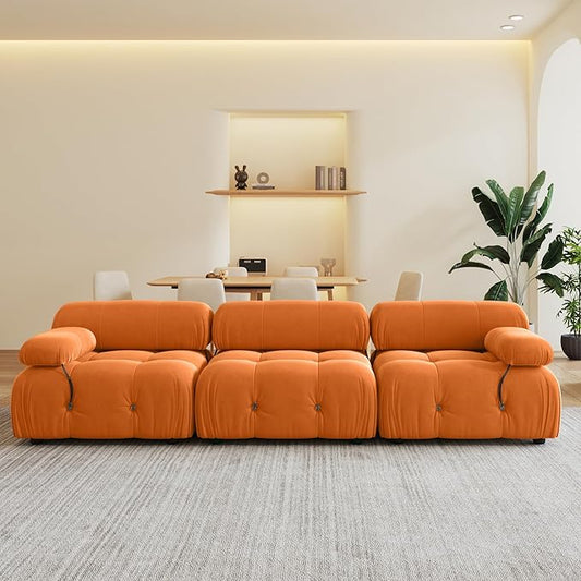 104'' Modular Sectional Sofa, Modern Luxury Velvet Bubble Couch, Deep Seat Cloud Sectional Couches for Living Room, Apartment (3 Seats, Orange)