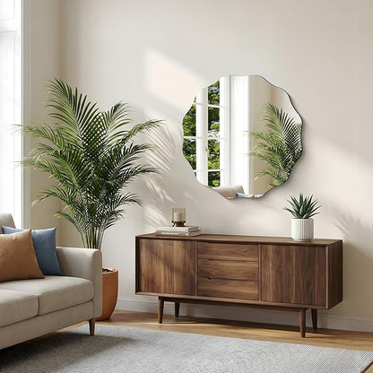 CILIBER Frameless Wavy Round Mirror, 30'' Scalloped Circle Wall Mirror, 3mm Tempered Glass Decorative Bathroom Vanity Mirror, Mounting/Leaning for Mantel, Living Room, Bedroom and Entryway