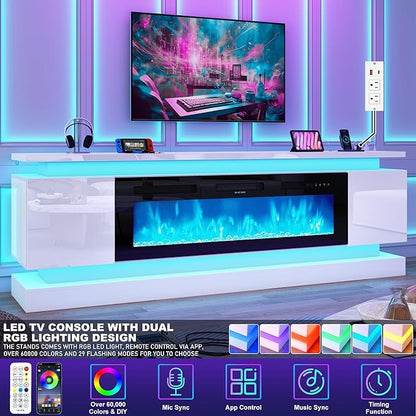 chartustriable 81IN LED TV Stands w/50 inch Fireplace Power Outlet for 90/85/80/75 Inch TVs,High Glossy Tall Modern TV Media Console Gaming with 2 Storage Cabinets,Dual LED Lights,White