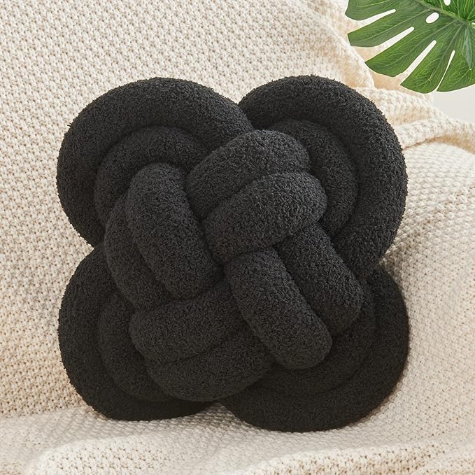 Knot Pillow, 12" Soft Decorative Throw Pillows for Couch Bed, Gray Pink Knotted Plush Throw Pillow Handmade Square Cushion Home Decor Pillows (Black, 12 Inches X12 Inches)