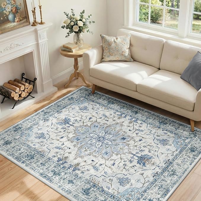 RELEANY Area Rugs 4'x5' Washable Non-Slip, Floral Vintage Distress Print Pattern Medallion Carpet for Living Room Bedroom Dining Room, Light Blue Navy Beige Gray White