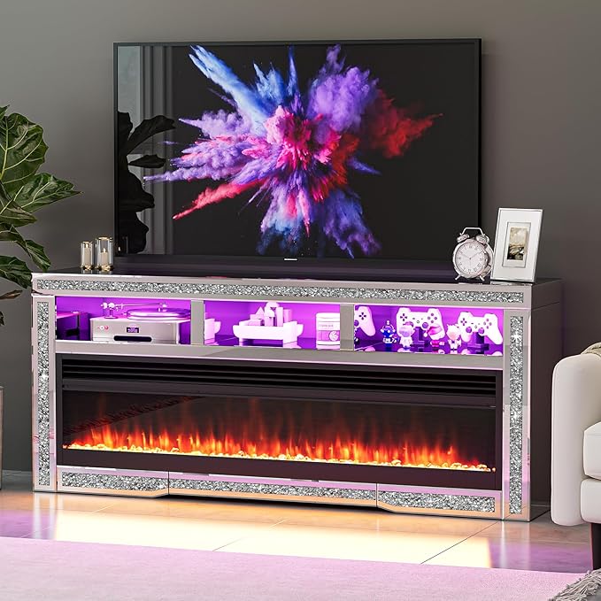 Mirrored Fireplace TV Stand with LED, Silver TV Console Table with Crushed Diamond for 65+ inch TV, Modern Media Entertainment Center with Storage for Living Room