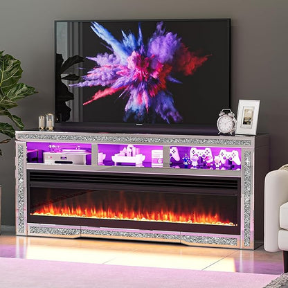 Mirrored Fireplace TV Stand with LED, Silver TV Console Table with Crushed Diamond for 65+ inch TV, Modern Media Entertainment Center with Storage for Living Room