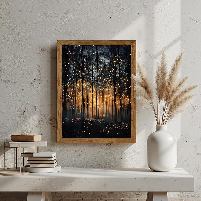 JLTULT Framed Enchanted Forest Firefly Canvas Wall Art, Dark Twilight Landscape Wall Decor, Rustic Botanical Nature Tree Art Prints for Bedroom Living Room Office Decoration 12x16 inch Easy to Hang