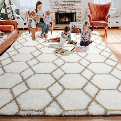 ONASAR Large Area Rugs for Living Room, 7x10 White and Beige Bedroom Rug, Geometric Boho Soft Plush Shaggy Fuzzy Floor Carpet Mat for Nursery Kids Girls Boys Teen Dorm Home Decor