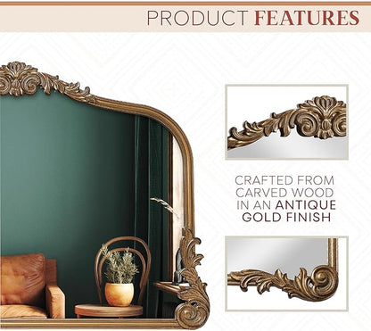 Wylde Iris English Estate Carved Arch Wood Wall Mirror, Mirror for Entryway, Living Room, Bathroom, Antique Gold, 26x37