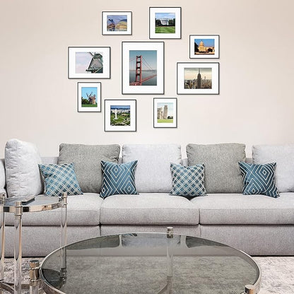Golden State Art, Gallery Wall Frame Set of 6 - Black 12x12 Aluminum Photo Frames with Mat for 8x8 Pictures - 12 x 12 inch Metal Frame with Real Glass Cover - Elegant Home or Office Decor
