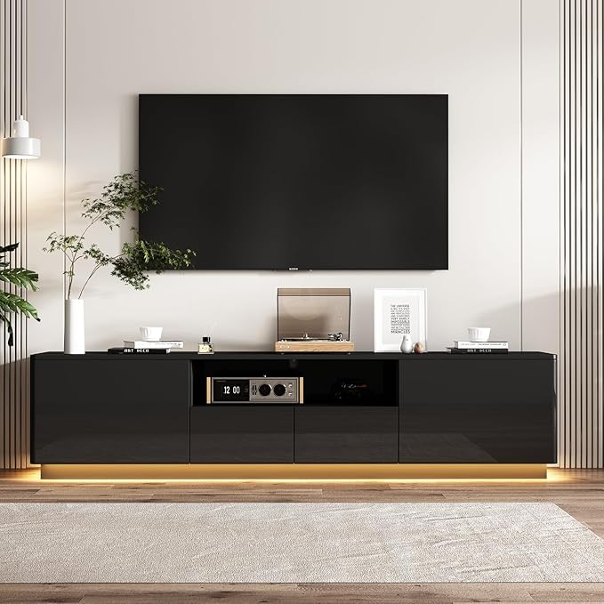 70” LED TV Stand, High Gloss TV Stand with Lights, Modern Glossy Media Console with 4 Drawers & Shelf, Entertainment Center for Living Room Black, 14.5”D x 70.8”W x 17.3”H