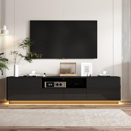 70” LED TV Stand, High Gloss TV Stand with Lights, Modern Glossy Media Console with 4 Drawers & Shelf, Entertainment Center for Living Room Black, 14.5”D x 70.8”W x 17.3”H