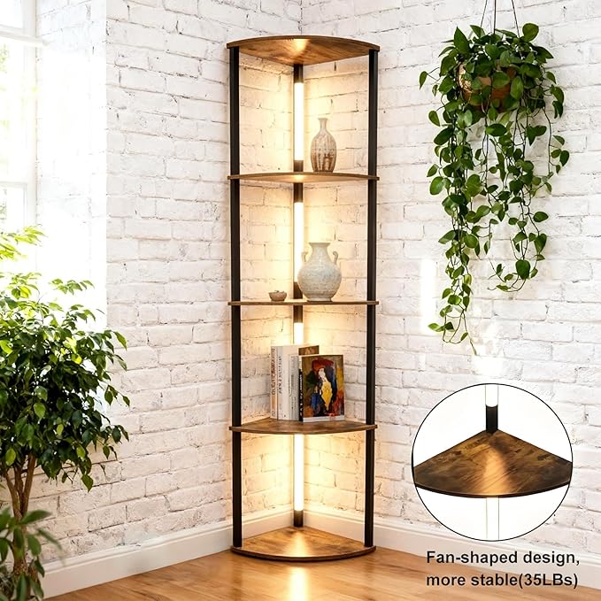 Lightdot Corner Floor Lamps with Shelves, 64Inch 5-Tier Storage Shelf Lamp with Integrated LED Posts/Amber Shelf/Black Frame, Black Display Floor Lamp for Living Room Bedroom/Sofa Beside/Corner Decor