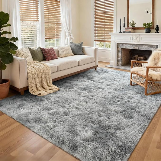 5x8 Ft Large Shag Rugs for Living Room, Tie Dyed Ultra Soft Fluffy Furry Area Rugs for Bedroom Indoor Floor, Aesthetic Carpet for Kids Home Decor (Light Grey)