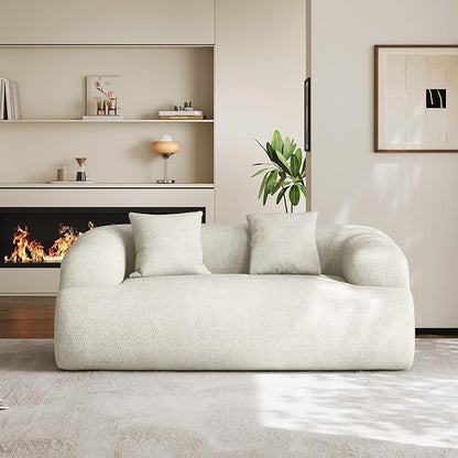 75" Boneless Cloud Loveseat, Modern Cute Curved Chenille Sofa, 2 Seater Compression Couch with 2 Pillows, No Assembly Required for Apartment Living Room, Beige White
