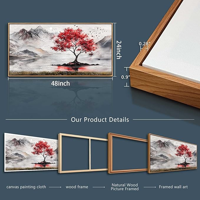 QIYILEXWART Wood Framed Large Wall Decor For Living Room Stretched And Framed Canvas Wall Art For Office Wall Decorations For Bedroom Red Tree Painting Farmhouse Pictures Home Decor