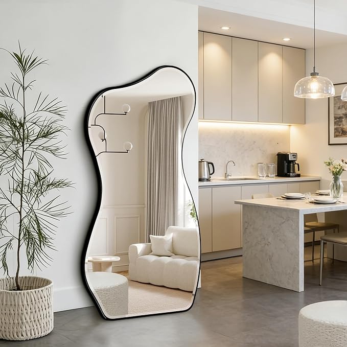 POZINO Irregular Beveled Mirror, 53"x25" Large Asymmetrical Aesthetic Wall Mirror with Metal Frame, Modern Premium Organic Shaped Mirrors for Living Room Bedroom Hallway Entryway, Leaning/Wall-Mount