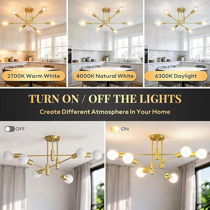 6-Light Sputnik Chandelier Gold, Mid-Century Modern Ceiling Light Fixture for Dining Room, Kitchen, Living Room, Bedroom