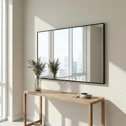 30" x 48" Matte Black Wall Mirror, 48" x 30" Large Metal Framed Landscape Decor, Horizontal Bathroom Mirror for Wide Vanity & Dining Room