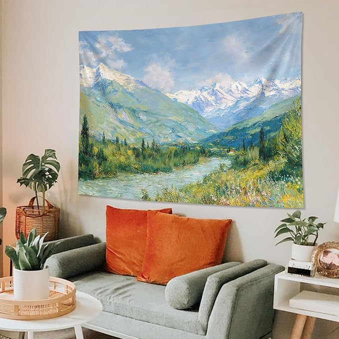 Leeisysme Mountain Landscape Tapestry, Monet Nature Wall Art, Clouds Flowing River for Living Room Bedroom Classroom Dorm Decor, Green 60x80 inches