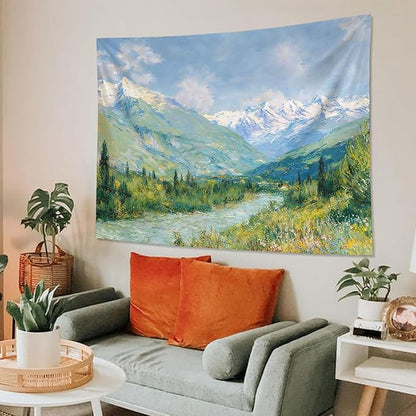 Leeisysme Mountain Landscape Tapestry, Monet Nature Wall Art, Clouds Flowing River for Living Room Bedroom Classroom Dorm Decor, Green 60x80 inches