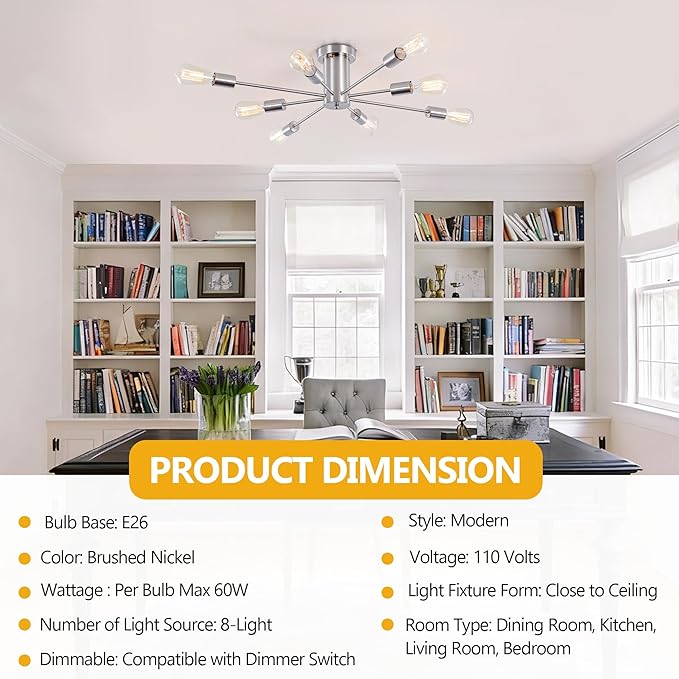 Modern Sputnik Chandelier, 8-Light Ceiling Light Fixture, Bedroom Light Fixture, Sputnik Lights Fixture for Living Room, Dining Room, Kitchen, Office, Hallway, Foyer (Brushed Nickel Silver) - E26 Base