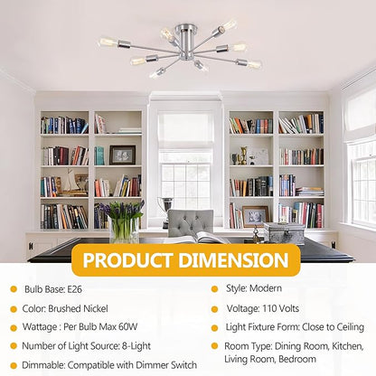 Modern Sputnik Chandelier, 8-Light Ceiling Light Fixture, Bedroom Light Fixture, Sputnik Lights Fixture for Living Room, Dining Room, Kitchen, Office, Hallway, Foyer (Brushed Nickel Silver) - E26 Base