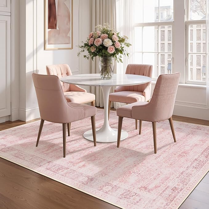 5x7 Pink Rug for Nursery, Thin Washable Rugs for Kids Room Playroom, Distressed Aesthetic Area Rugs for Bedroom Girls Dorm Romantic, Non Slip Carpet Rug for Living Room Dining Room Home Office